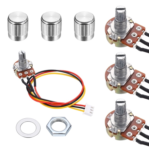Uxcell 3Set WH148 B1K Ohm Potentiometer Kit, 3Pins Variable Resistors Single Linear Taper Rotary Potentiometer with 20cm Connector Wire Cable, Silver Rotary Knobs, Nuts, and Washers
