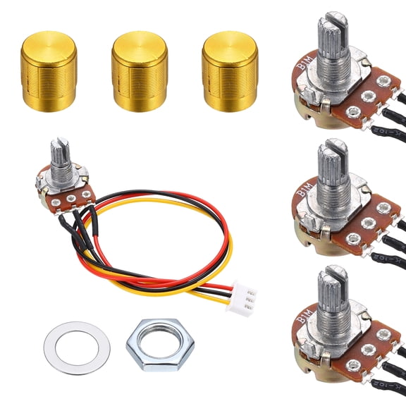 Uxcell 3Set WH148 B1M Ohm Potentiometer Kit, 3Pins Variable Resistors Single Linear Taper Rotary Potentiometer with 20cm Connector Wire Cable, Gold Rotary Knobs, Nuts, and Washers