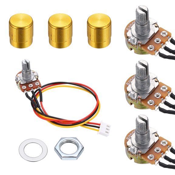 Uxcell 3Set WH148 B250K Ohm Potentiometer Kit, 3Pins Variable Resistors Single Linear Taper Rotary Potentiometer with 20cm Connector Wire Cable, Gold Rotary Knobs, Nuts, and Washers