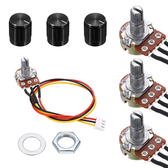 Uxcell 3Set WH148 B500K Ohm Potentiometer Kit, 3Pins Variable Resistors Single Linear Taper Rotary Potentiometer with 20cm Connector Wire Cable, Black Rotary Knobs, Nuts, and Washers