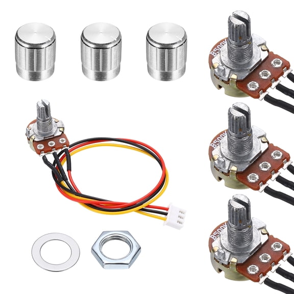 Uxcell 3Set WH148 B500K Ohm Potentiometer Kit, 3Pins Variable Resistors Single Linear Taper Rotary Potentiometer with 20cm Connector Wire Cable, Silver Rotary Knobs, Nuts, and Washers