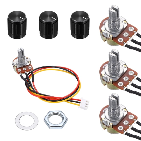 Uxcell 3Set WH148 B5K Ohm Potentiometer Kit, 3Pins Variable Resistors Single Linear Taper Rotary Potentiometer with 20cm Connector Wire Cable, Black Rotary Knobs, Nuts, and Washers