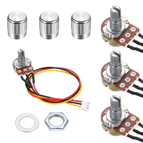Uxcell 3Set WH148 B5K Ohm Potentiometer Kit, 3Pins Variable Resistors Single Linear Taper Rotary Potentiometer with 20cm Connector Wire Cable, Silver Rotary Knobs, Nuts, and Washers