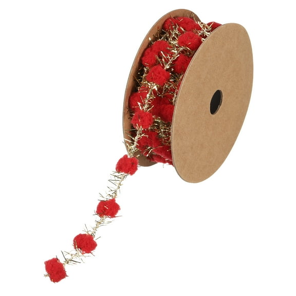 Uxcell 3Yard Pom Pom Wire Ribbon, Mini Ball String Trim Ribbon with Gold Tinsel, Red