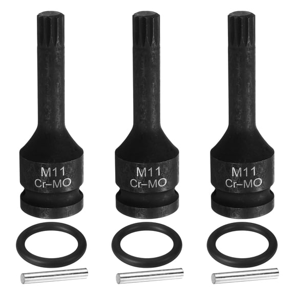 Uxcell 3pcs 1/2" Drive M11 Triple Square Impact Spline Bit Socket 11mm CR-MO Steel 12-Point Triple Square Sockets with Cotter Pin and O-ring for Power Drill Drivers Adapter