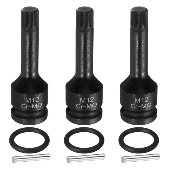 Uxcell 3pcs 1/2" Drive M12 Triple Square Impact Spline Bit Socket 12mm CR-MO Steel 12-Point Triple Square Sockets with Cotter Pin and O-ring for Power Drill Drivers Adapter