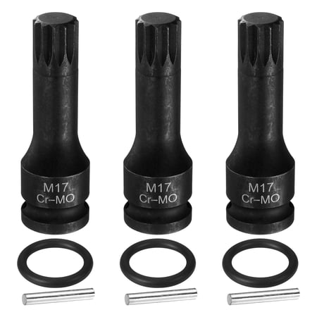Uxcell 3pcs 1/2" Drive M17 Triple Square Impact Spline Bit Socket 17mm CR-MO Steel 12-Point Triple Square Sockets with Cotter Pin and O-ring for Power Drill Drivers Adapter