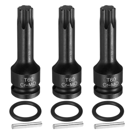 Uxcell 3pcs 1/2" Drive Torx Bit Socket T60 Impact 6 Point Star Bit Sockets CR-MO Steel with Cotter Pin and O-ring for Power Drill Drivers Garage Workshop Adapter