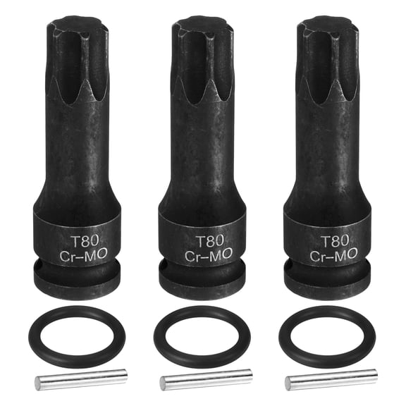 Uxcell 3pcs 1/2" Drive Torx Bit Socket T80 Impact 6 Point Star Bit Sockets CR-MO Steel with Cotter Pin and O-ring for Power Drill Drivers Garage Workshop Adapter