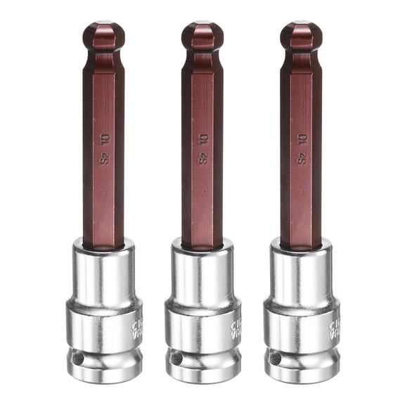 Uxcell 3pcs 10mm Ball End Hex Bit Socket 1/2" Square Drive Metric Extension Impact Bit Power Nut Driver Set S2 & CR-V Steel Socket Ratchet Wrench Bits