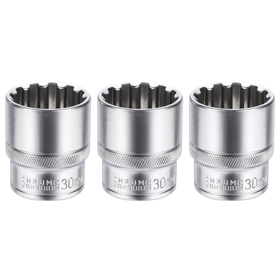Uxcell 3pcs 12 Points Socket 1/2" Drive 30mm Metric Shallow Socket 1.8" (45mm) Long CR-V Steel Nickel Plating for Home Auto Nuts Bolts Repair