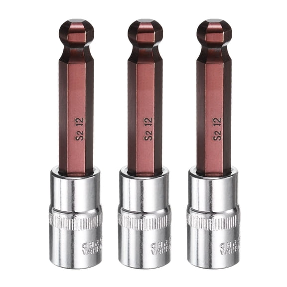 Uxcell 3pcs 12mm Ball End Hex Bit Socket 1/2" Square Drive Metric Extension Impact Bit Power Nut Driver Set S2 & CR-V Steel Socket Ratchet Wrench Bits