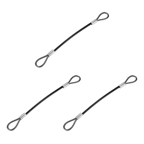 Uxcell 3pcs 3/16" 0.98ft Stainless Steel Cable Wire Rope with Looped Ends Vinyl Coated 7x19 Strand Core Double Loop Anti-Theft Safety Cable for Outdoor Bicycles Luggage Stage Lighting, Black