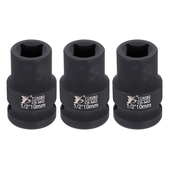 Uxcell 3pcs 4 Point Square Socket 1/2" Drive 10mm Metric Square Impact Socket 1.6" (40mm) Long 40CR Steel Phosphating Standard Wheel Sleeve Tool for Auto Repair Mechanical Home Use