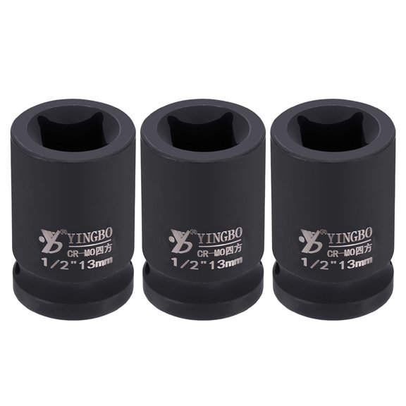 Uxcell 3pcs 4 Point Square Socket 1/2" Drive 13mm Metric Square Impact Socket 1.6" (40mm) Long 40CR Steel Phosphating Standard Wheel Sleeve Tool for Auto Repair Mechanical Home Use