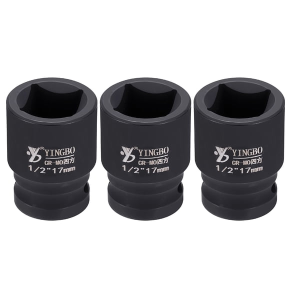 Uxcell 3pcs 4 Point Square Socket 1/2" Drive 17mm Metric Square Impact Socket 1.6" (40mm) Long 40CR Steel Phosphating Standard Wheel Sleeve Tool for Auto Repair Mechanical Home Use