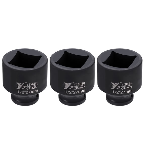 Uxcell 3pcs 4 Point Square Socket 1/2" Drive 27mm Metric Square Impact Socket 1.6" (40mm) Long 40CR Steel Phosphating Standard Wheel Sleeve Tool for Auto Repair Mechanical Home Use