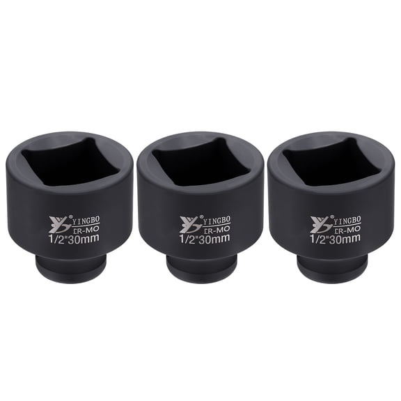 Uxcell 3pcs 4 Point Square Socket 1/2" Drive 30mm Metric Square Impact Socket 1.6" (40mm) Long 40CR Steel Phosphating Standard Wheel Sleeve Tool for Auto Repair Mechanical Home Use