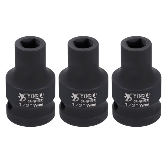 Uxcell 3pcs 4 Point Square Socket 1/2" Drive 7mm Metric Square Impact Socket 1.6" (40mm) Long 40CR Steel Phosphating Standard Wheel Sleeve Tool for Auto Repair Mechanical Home Use