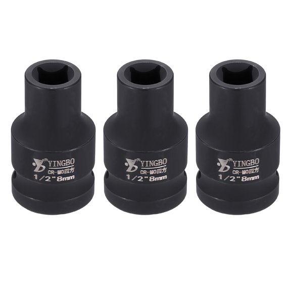 Uxcell 3pcs 4 Point Square Socket 1/2" Drive 8mm Metric Square Impact Socket 1.6" (40mm) Long 40CR Steel Phosphating Standard Wheel Sleeve Tool for Auto Repair Mechanical Home Use