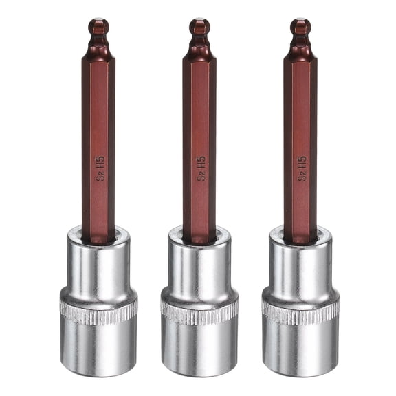 Uxcell 3pcs 5mm Ball End Hex Bit Socket 1/2" Square Drive Metric Extension Impact Bit Power Nut Driver Set S2 & CR-V Steel Socket Ratchet Wrench Bits