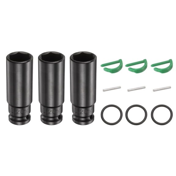 Uxcell 3pcs 6 Point Deep Impact Socket 1/2" Drive 20mm Metric Standard Socket Cr-Mo Steel Spindle Axle Hex Nut Bolt Sockets with Rubber Ring Locking Pin