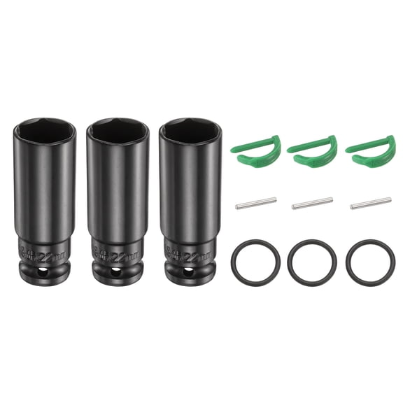 Uxcell 3pcs 6 Point Deep Impact Socket 1/2" Drive 22mm Metric Standard Socket Cr-Mo Steel Spindle Axle Hex Nut Bolt Sockets with Rubber Ring Locking Pin