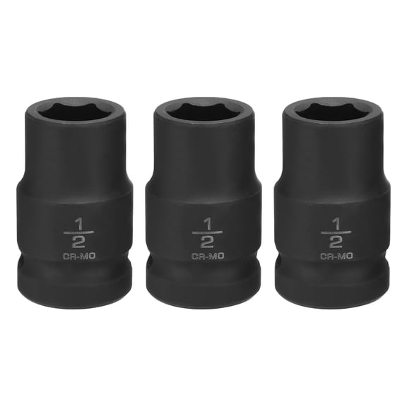 Uxcell 3pcs 6 Point Shallow Impact Socket 1/2" Socket 1/2" Square Drive 38mm (1.5") Long 40cr Alloy Steel for Home Auto Axle Hex Nuts Bolts Repair, Black