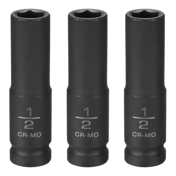 Uxcell 3pcs 6 Point Shallow Impact Socket 1/2" Socket 1/2" Square Drive 78mm (3.1") Long 40cr Alloy Steel for Home Auto Axle Hex Nuts Bolts Repair, Black