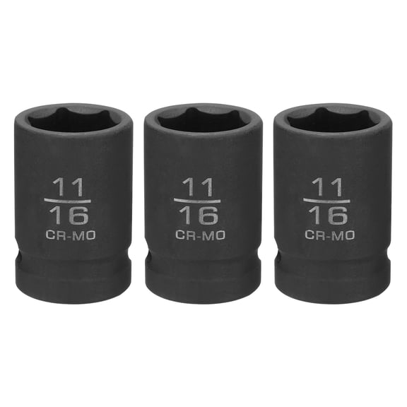 Uxcell 3pcs 6 Point Shallow Impact Socket 11/16" Socket 1/2" Square Drive 38mm (1.5") Long 40cr Alloy Steel for Home Auto Axle Hex Nuts Bolts Repair, Black