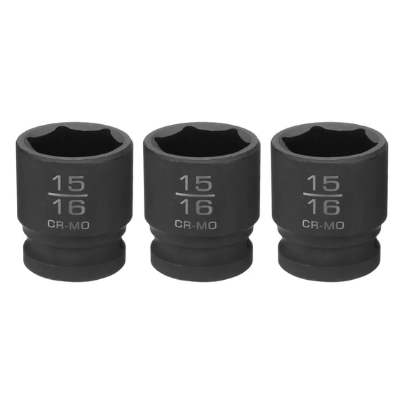 Uxcell 3pcs 6 Point Shallow Impact Socket 15/16" Socket 1/2" Square Drive 38mm (1.5") Long 40cr Alloy Steel for Home Auto Axle Hex Nuts Bolts Repair, Black