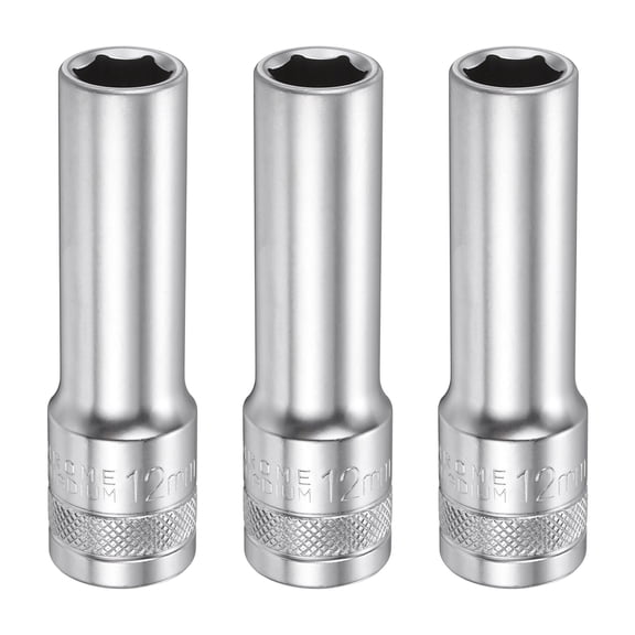 Uxcell 3pcs 6 Points Deep Socket 1/2" Drive 12mm Nickel Plating Flip Sleeve 3.1" Long