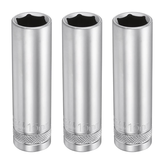 Uxcell 3pcs 6 Points Deep Socket 1/2" Drive 15mm Nickel Plating Flip Sleeve 3.1" Long