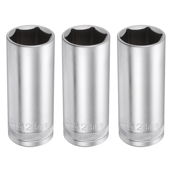 Uxcell 3pcs 6 Points Deep Socket 1/2" Drive 24mm Nickel Plating Flip Sleeve 3.1" Long
