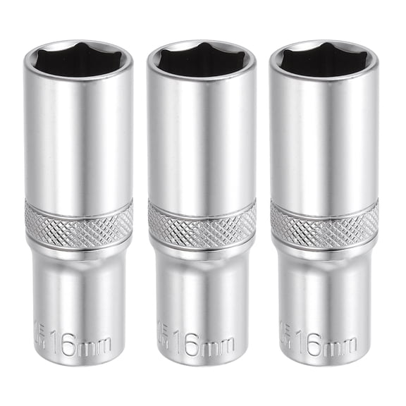 Uxcell 3pcs 6 Points Deep Socket 3/8" Drive 16mm Deep Metric CR-V Steel Polished Nickel Plating Impact Sockets 64mm / 2.5" Long Flip Sleeve Tool for Home Auto Nuts Bolts Repair