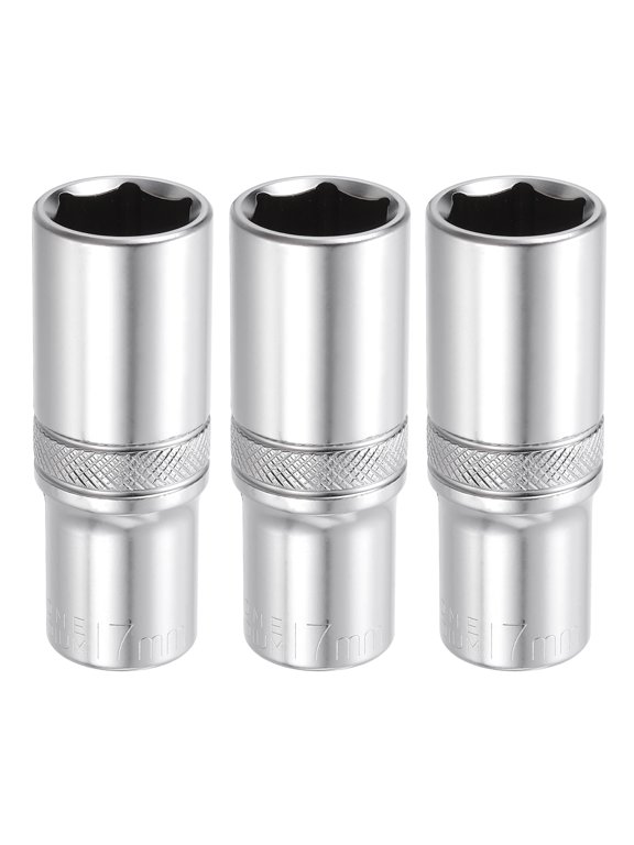 3pcs 6 Points Deep Socket 3/8" Drive 17mm Deep Metric CR-V Steel Polished Nickel Plating Impact Sockets 64mm / 2.5" Long Flip Sleeve Tool for Home Auto Nuts Bolts Repair