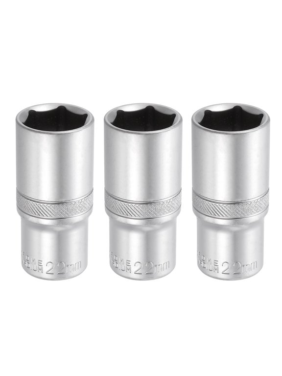 3pcs 6 Points Deep Socket 3/8" Drive 22mm Deep Metric CR-V Steel Polished Nickel Plating Impact Sockets 64mm / 2.5" Long Flip Sleeve Tool for Home Auto Nuts Bolts Repair