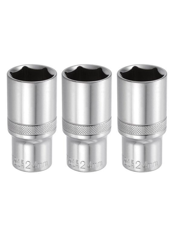 3pcs 6 Points Deep Socket 3/8" Drive 24mm Deep Metric CR-V Steel Polished Nickel Plating Impact Sockets 64mm / 2.5" Long Flip Sleeve Tool for Home Auto Nuts Bolts Repair