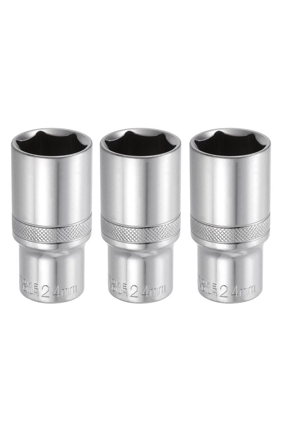 3pcs 6 Points Deep Socket 3/8" Drive 24mm Deep Metric CR-V Steel Polished Nickel Plating Impact Sockets 64mm / 2.5" Long Flip Sleeve Tool for Home Auto Nuts Bolts Repair