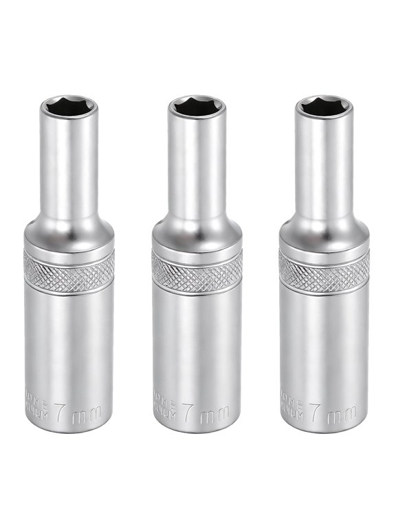 3pcs 6 Points Deep Socket 3/8" Drive 7mm Deep Metric CR-V Steel Polished Nickel Plating Impact Sockets 64mm / 2.5" Long Flip Sleeve Tool for Home Auto Nuts Bolts Repair