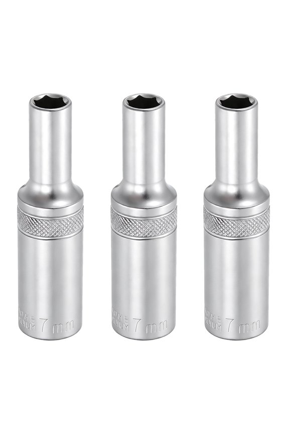 3pcs 6 Points Deep Socket 3/8" Drive 7mm Deep Metric CR-V Steel Polished Nickel Plating Impact Sockets 64mm / 2.5" Long Flip Sleeve Tool for Home Auto Nuts Bolts Repair