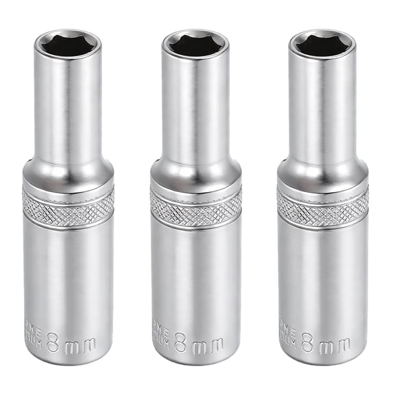 Uxcell 3pcs 6 Points Deep Socket 3/8" Drive 8mm Deep Metric CR-V Steel Polished Nickel Plating Impact Sockets 64mm / 2.5" Long Flip Sleeve Tool for Home Auto Nuts Bolts Repair