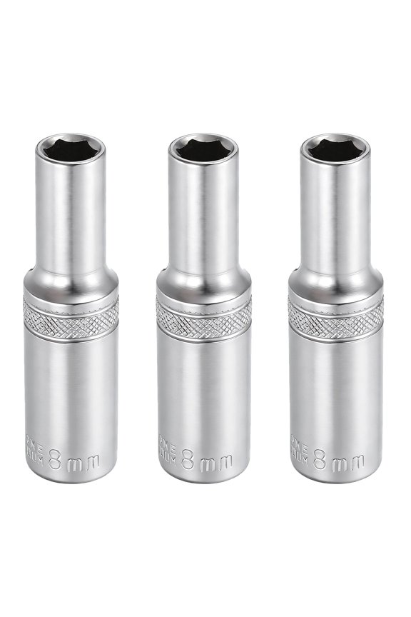 3pcs 6 Points Deep Socket 3/8" Drive 8mm Deep Metric CR-V Steel Polished Nickel Plating Impact Sockets 64mm / 2.5" Long Flip Sleeve Tool for Home Auto Nuts Bolts Repair