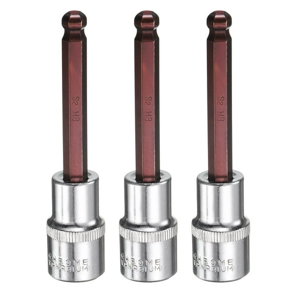 Uxcell 3pcs 8mm Ball End Hex Bit Socket 1/2" Square Drive Metric Extension Impact Bit Power Nut Driver Set S2 & CR-V Steel Socket Ratchet Wrench Bits