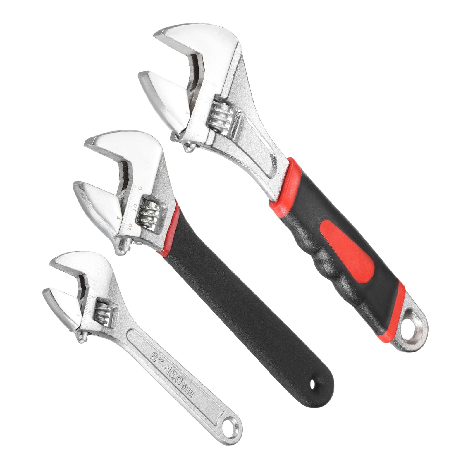 Uxcell 3pcs Adjustable Wrench 6/8/10" High Carbon Steel Industrial Wide Jaw Wrench Adjustable Repairs Spanner Tool with Graduated Scale for Home Garage Workshop Plumbing, Silver/Black/Red
