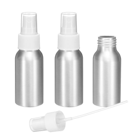 Uxcell 3pcs Aluminum Fine Mist Spray Bottles 50ml/1.7oz Metal Small Liquid Alcohol Refillable Travel Container with White Plastic Nozzle Cap for Perfume Skincare Cosmetic Storage Bottle