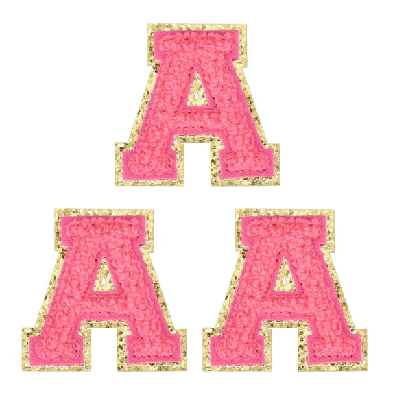 Uxcell 3pcs Chenille Iron on Letter Patches, 2" Glitter Alphabet Patches Self Adhesive Preppy Fuzzy Chenille Appliques Patch with Gold Trim for Clothing (Rose Red, Letter A)