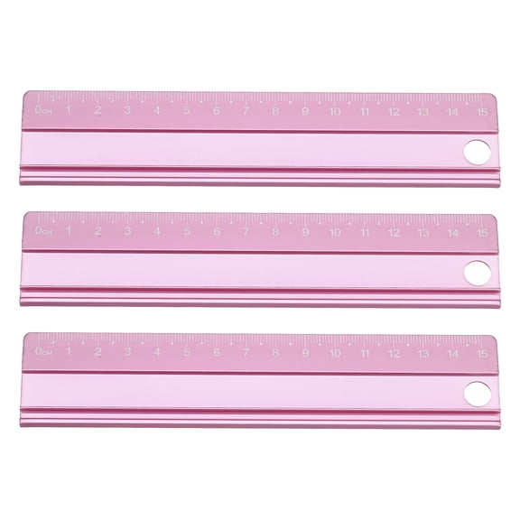 Uxcell 3pcs Cutting Rulers 15cm Metric Aluminum Alloy Safety Straight Ruler Metal Thickening Measure Drafting Tool with Sponge Backing for Architects Artists Classroom Office, Pink