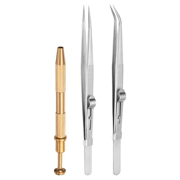 Uxcell 3pcs Stainless Steel Diamond Tweezer 4 Claw Pick Up Tool Set, Silver/Gold
