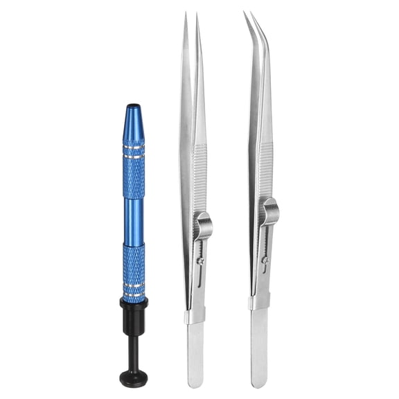 Uxcell 3pcs Stainless Steel Diamond Tweezer 4 Claw Pick Up Tool Set, Silver/Blue